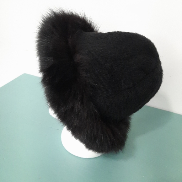 Norma Canada Dyed Fox Fur Hat Black Winter Alpaca Wool Leather Womens Vintage - Picture 2 of 12